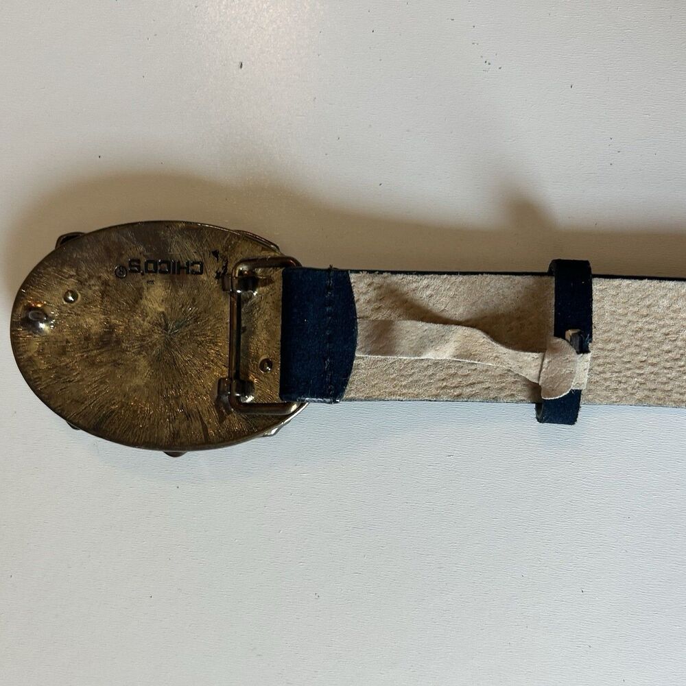 Chicos Blue Suede Leather Belt Womens Sz L (37-41) Gemstone Buckle Boho Festival - Picture 8 of 15